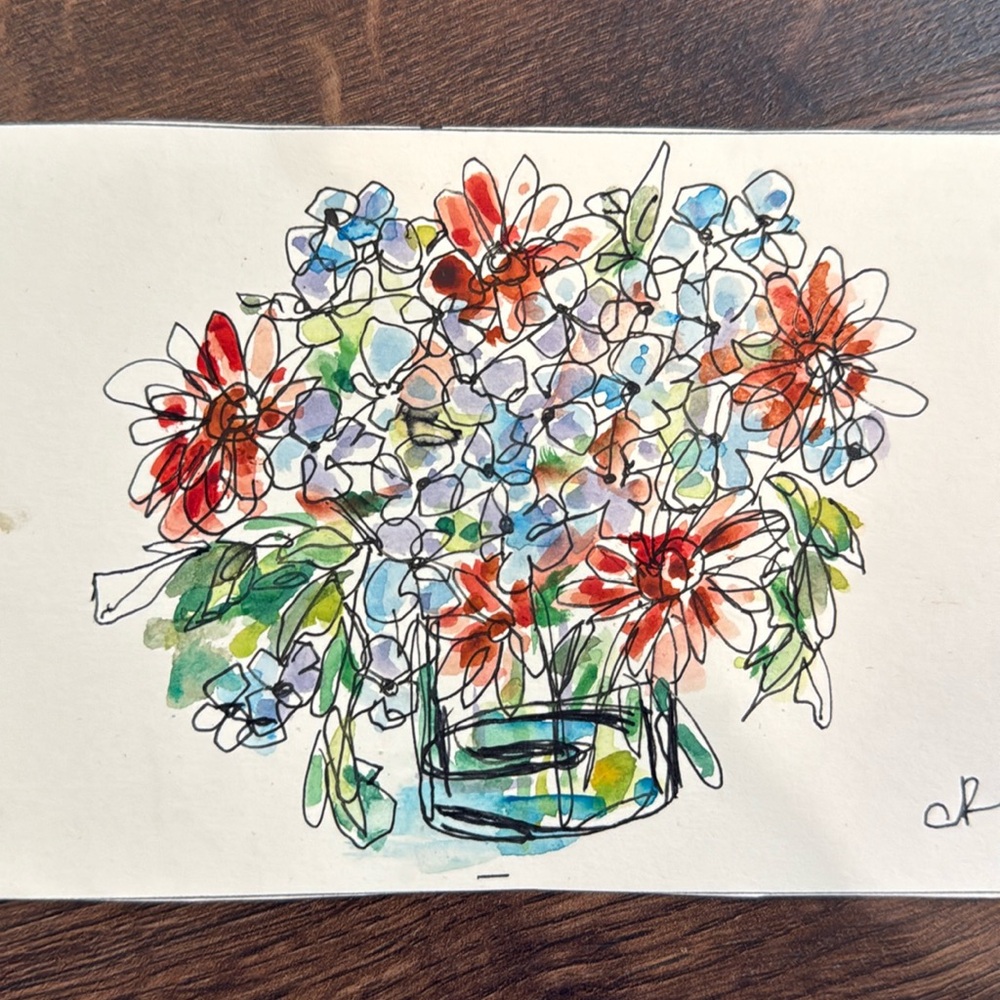Watercolor & Ink Floral Mixed Media Original Art - Bouquet of Flowers -Road Trip